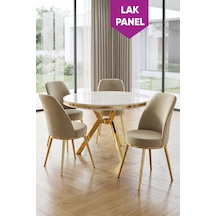 Natre Serisi 90x90 Lak Panel Beyaz Mermer Desen Gold Ayaklı Mutfak Masası Takımı Ve 4 Sandalye Beyaz Mermer Masa Krem Sandalye