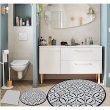 Cosmo - Blue, Kaymaz, Organik Pamuk Taban Yuvarlak Banyo Halısı-100X100 - 60X60 - 40X60 Cm (3'Lü Set) Çok Renkli
