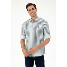 U.S. Polo Assn. Erkek Koyu Yeşil Çizgili Beyaz Gömlek 50296599-VR079