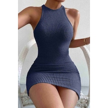 Merry See Vücuda Oturan Diz Üstü Mini Örme Elbise Lacivert 001