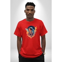 Bulutlar Astronot Uzay Pamuklu Bisiklet Yaka Unisex Oversize Boyfriend Dijital Baskılı Kırmızı T-shirt Kırmızı