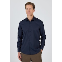 İmza Koyu Lacivert Sert Yaka Cepsiz Gabardin Uzun Kol Slim Fit Esnek Gömlek 1004250234 Koyu Lacivert