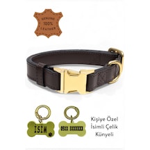 Hakiki Deri Köpek Boyun Tasması, Kişiye Özel Künyeli Lux Seri Kk Koyu Kahverengi