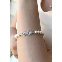 7,5 Mm Zirkon Taşlı Doğal İncili Kadın Bileklik 22 Cm / Sarı Gümüş