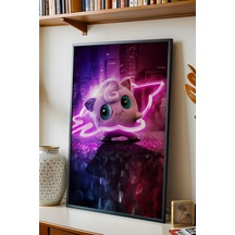 Jigglypuff Neon Pembe Çerçeveli Tablo - Lüks Realistik Pokemon Anime Modern Sinematik Duvar Dekoru Siyah