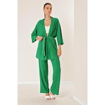 By Saygı Bürümcük Pantolonu Cepli Kimono Takım-34051 Yeşil