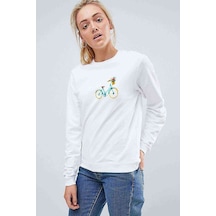 Watercolor Bicycle Baskılı Beyaz Kadın Sweatshirt (534806154)