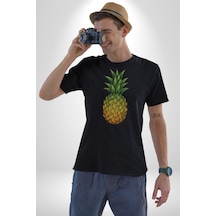 Ananas Meyve Unisex Unisex Siyah Organik Baskılı T-shirt Penye Yüksek Kalite Siyah