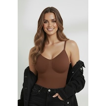 Mistirik Mamey Örme Kumaş Yapılı Toparlayıcı Çıtçıtlı Bluz Kahve Renk7