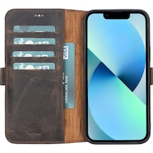 Apple Uyumlu iPhone 13 Pro Deri Cüzdanlı Kılıf Acı Kahve