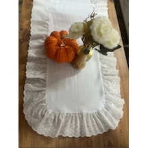 Vintage Duck Keten Fisto Fırfırlı Oval Runner &dekoratif Örtü Beyaz 35x65 Cm Beyaz