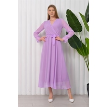 Neşeli Butik Kadın Kuşaklı Uzun Şifon Elbise Nb003 - Lila Lila