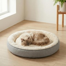 Tr Bunny Kedi Ve Köpek Yatağı Bej 52x52x14 Cm Küçük, Donut Şekli, Yükseltilmiş Kenar, Ultra Yumuşak Peluş, Ge