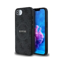 Apple iPhone 16e Uyumlu Kılıf Guess Lisanslı M safe Pu Halkalı 4g Desenli Yazı Logolu Kapak Siyah