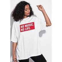 Oversize No Music No Life Baskılı Beyaz Tshirt Nrage114 Beyaz