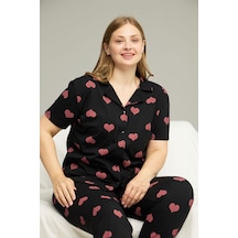 Siyah İnci Curve Büyük Beden Battal Boy Kısa Kollu Düğmeli Pamuklu Pijama Takımı Siyah Pembe Kalp
