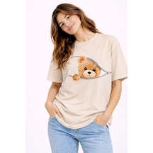 Fermuarlı Ayıcık Baskılı Kadın Tişört Oversize Sevimli Teddy Bear Bej