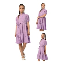 Kız Çocuk Önü Düğme Kapamalı Kuşaklı Kolları Lastikli Elbise Lila