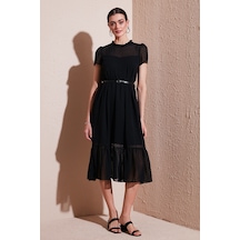 Lela A Kesim Regular Fit Astarlı Midi Boy Kemerli Bayan Elbise 6781937 Siyah