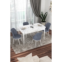 Canisa Kor Serisi 70x114 Açılabilir Mutfak Masası Takımı Beyaz Mermer Desen Masa 4 Füme Sandalye Masa Beyaz Mermer Desenli Sandalyeler Füme