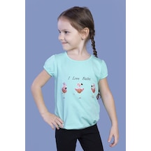 Toontoy Kids Toontoy Kız Çocuk Lastikli Büzgü Detaylı Baskılı Tişört Mint Yeşili