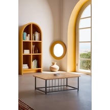 Ahşap Orta Sehpa 60x90 Modern Metal Ayak Siyah Tam Çerçeve Çam Desen Salon Ofis Balkon Sehpası - Town