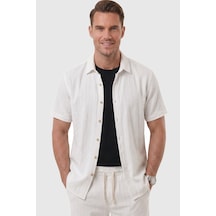 Rizzup Beyaz Slim Fit Çizgi Dokulu Keten Görünümlü Kısa Kol Erkek Spor Gömlek 2602648