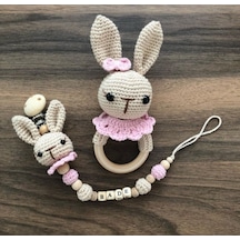 Amigurumi İsimli Emzik Zinciri Ve Çıngırak Seti Bej