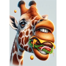 Hamburger Yiyen Zürafa Hediyelik Ahşap Tablo 35cm X50cm