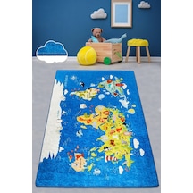 World Map Makinede Yıkanabilir Kaymaz Taban Leke Tutmaz Dijital Çocuk Halısı Mavi