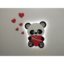 Minnoşum Hediyelik Ahşap Işıklı Kalpli Panda Gece Lambası Ledli Dekoratif Aydınlatma