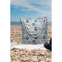 Deniz Desenli Fermuarlı Omuzdan Askılı 45x40 Cm Mavi Plaj Çantası Mavi