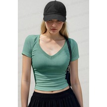 Kadın Mint Yeşili V Yaka Kısa Kollu Fitilli Kaşkorse Bluz Body-mint Yeşili