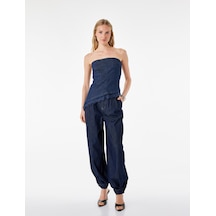 Koton Dantel Detaylı Asimetrik Kesim Straplez Denim Büstiyer Top Koyu İndigo 6sal30029md Dark Indigo