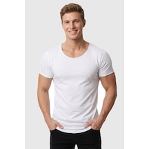 Deepsea Erkek Beyaz Geniş Yaka Likralı Tişört Oval Yaka Slim Fit Eteği Oval Açık Yaka T-shirt 1801199 Beyaz