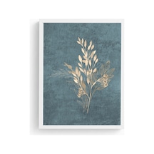 Beyaz Ahşap Çerçeveli Minimal Yaprak Desenli Tablo - Mavi Huhu1089