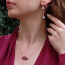 Zirkon Taşlı Dudak Figürlü Rose Gold Kaplama Asansör Zincirli Gümüş Set Gümüş