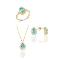 Gümüş Altın Yaldızlı Akuamarin Taşlı Damla Modeli Üçlü Set