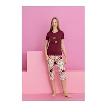 Rindahomewear Kadın Kapri Kısa Kol Vıskon Çiçek Baskı Pijama Takım Bordo