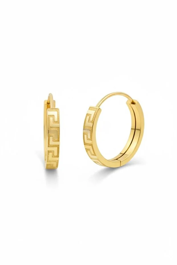 14 Ayar 1.3 Cm Desenli Halka Çift Altın Küpe Yeşil Altın