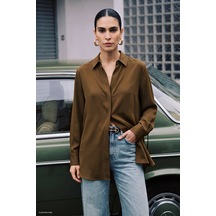 Sateen Desenli Klasik Gömlek - Kahve-137903