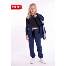 Panios Kids Kız Çocuk Fitilli Crop Ve Şerit Detaylı Eşofman Takımı Seti Lacivert