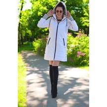 Kışlık Kapüşonlu Su Geçirmez Uzun Şişme Kadın Mont Beyaz