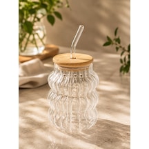 Bambu Kapaklı Pipetli Cam Bardak 580 Ml Şeffaf