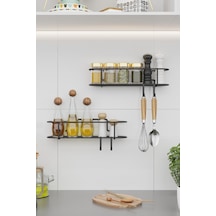 Bino Baharatlık 2 Li Set Siyah Mat Metal Mutfak Rafı Banyo Rafı Yapışkanlı Kancalı Tuzluk Askılık Çok Renkli