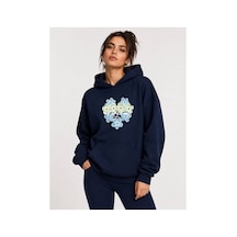 Herkesemoda Kalp Çiçek Baskılı Kapüşonlu 2 İplik Şardonlu Sweatshirt Lacivert
