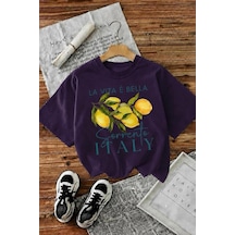 Bella Limon Ön Baskılı Oversize Pamuklu Kadın T-shirt Mor