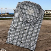 Linen Keten Klasik Kısa Kollu İki Cepli Kapaklı Gri Baba Gömleği Regular Kalıp -10121 Gri