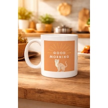 Good Morning Kedi Desenli Porselen Kupa Model 72 Sevimli Kedi Figürlü, Kahve & Çay Kupası, Hediyelik Porselen Bardak Çok Renkli