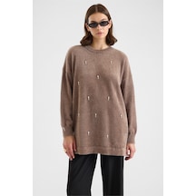 Olcay Taş Detaylı Soft Kumaş Oversize Triko Kazak Vizon 8290